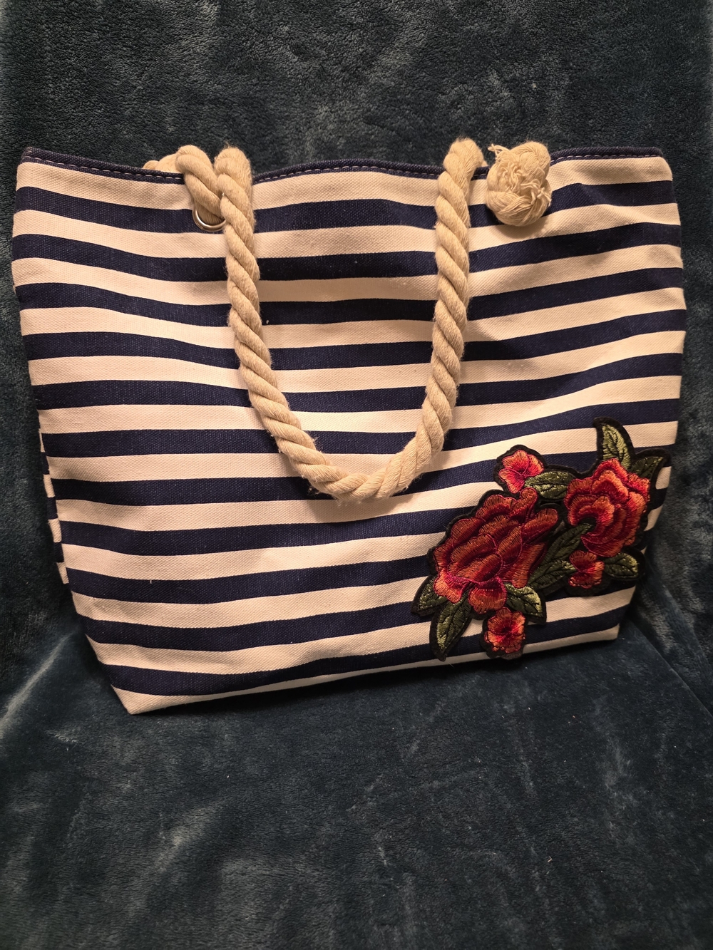 Source Unknown Navy & White Striped Tote with Red Floral Patch